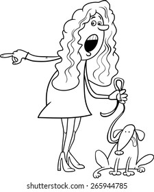 Black and White Cartoon Vector Illustration of Outraged Woman with Dog for Coloring Book