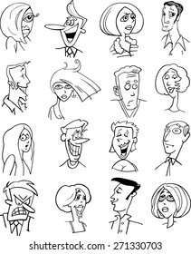Black and White Cartoon Vector Illustration of People Characters Faces Set