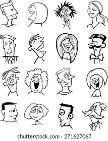 Black and White Cartoon Vector Illustration of People Characters Faces Set