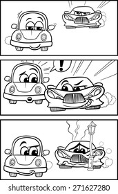 Black and White Cartoon Vector Illustration of Cars on the Road Comic Story for Coloring Book
