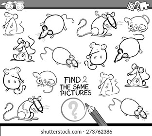 Black and White Cartoon Vector Illustration of Finding the Same Pictures Educational Game for Preschool Children