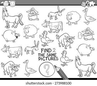 Black and White Cartoon Vector Illustration of Finding the Same Pictures Educational Game for Preschool Children