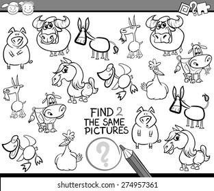 Black and White Cartoon Vector Illustration of Finding the Same Pictures Educational Game for Preschool Children