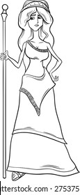 Black and White Cartoon Vector Illustration of Mythological Greek Goddess Hera for Coloring Book