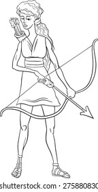 Black and White Cartoon Vector Illustration of Mythological Greek Goddess Artemis for Coloring Book