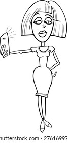 Black and White Cartoon Vector Illustration of Girl in Red Dress Doing Selfie Photo by Smart Phone for Social Media for Coloring Book