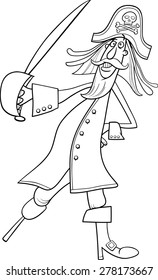 Black and White Cartoon Vector Illustration of Funny Pirate or Corsair Captain with Saber and Jolly Roger Sign for Coloring Book