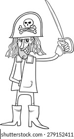 Black and White Cartoon Vector Illustration of Funny Pirate Captain with Sword and Jolly Roger Sign for Coloring Book