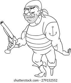 Black and White Cartoon Vector Illustration of Funny Pirate Officer with Peg Leg and Gun for Coloring Book