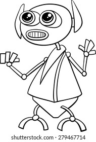 Black and White Cartoon Vector Illustration of Funny Robot Science Fiction Character for Coloring Book