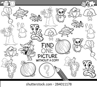 Black and White Cartoon Vector Illustration of Finding Single Picture without Copy Educational Game for Preschool Children