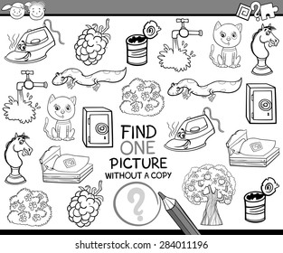 Black and White Cartoon Vector Illustration of Finding Single Picture without Copy Educational Game for Preschool Children