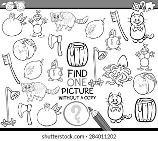 Black and White Cartoon Vector Illustration of Finding Single Picture without Copy Educational Game for Preschool Children