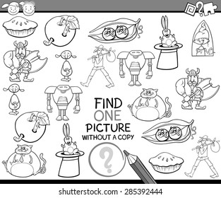 Black and White Cartoon Vector Illustration of Finding Single Picture without Copy Educational Game for Preschool Children