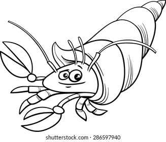 Black and White Cartoon Vector Illustration of Funny Hermit Crab Sea Animal for Coloring Book