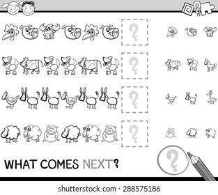 Black and White Cartoon Vector Illustration of Completing the Pattern Educational Game for Preschool Children with Farm Animals