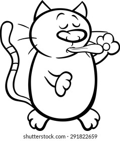 Black and White Cartoon Vector Illustration of Cute Cat Cleaning Itself for Coloring Book