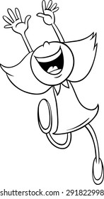 Black and White Cartoon Vector Illustration of Happy Girl Enjoying Summer Vacation for Coloring Book