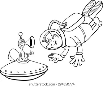 Black and White Cartoon Vector Illustration of Spaceman or Astronaut with Alien in Space for Coloring Book