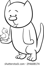 Black and White Cartoon Vector Illustration of Cat or Kitten with Canary for Coloring Book