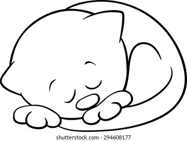 Black and White Cartoon Vector Illustration of Cute Little Sleeping Kitten for Coloring Book
