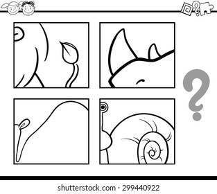 Black and White Cartoon Vector Illustration of Education Game for Preschool Children with Animals Riddle for Coloring