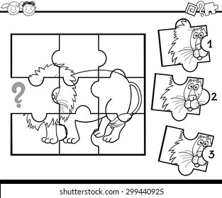 Black and White Cartoon Vector Illustration of Jigsaw Puzzle Education Game for Preschool Children with Lion for Coloring