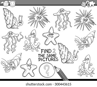 Black and White Cartoon Vector Illustration of Preschool Educational Game for Children with Sea Life Animals for Coloring Book
