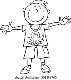 Black and White Cartoon Vector Illustration of Happy Boy Character for Coloring Book