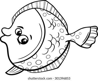 Black and White Cartoon Vector Illustration of Funny Flounder Fish Sea Life Animal for Coloring Book