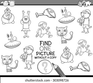 Black and White Cartoon Vector Illustration of Educational Game of Finding Single Picture without a Copy for Preschool Children