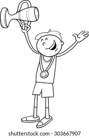 Black and White Cartoon Vector Illustration of Happy Boy Winner with Medal and Cup for Coloring Book