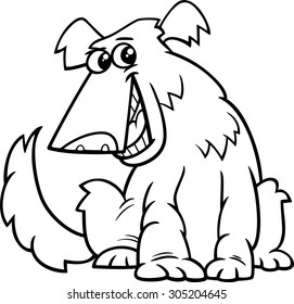 Black and White Cartoon Vector Illustration of Funny Shaggy Sitting Dog for Coloring Book
