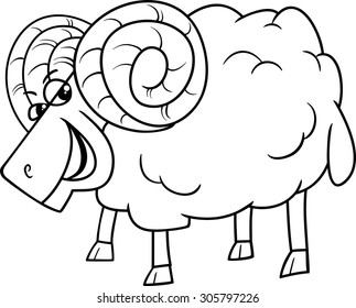 Black and White Cartoon Vector Illustration of Funny Ram Farm Animal Character for Coloring Book