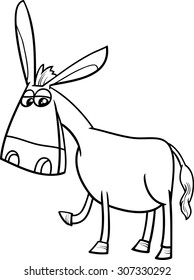 Black and White Cartoon Vector Illustration of Donkey Farm Animal Character for Coloring Book