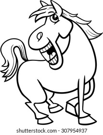 Black and White Cartoon Vector Illustration of Funny Horse Farm Animal Character for Coloring Book