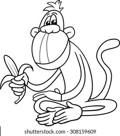 Black and White Cartoon Vector Illustration of Monkey Mammal with Banana for Coloring Book