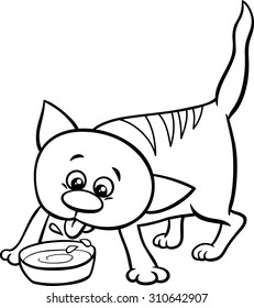 Black and White Cartoon Vector Illustration of Cat or Kitten Animal Character Drinking Milk Coloring Page