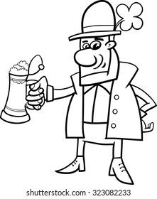 Black and White Cartoon Vector Illustration of Leprechaun on Saint Patrick Day with Beer and Clover