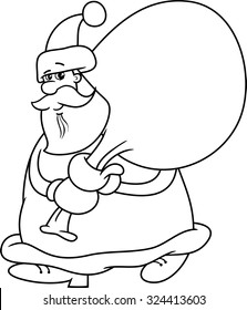 Black and White Cartoon Vector Illustration of Santa Claus with Sack on Christmas Time for Coloring Book