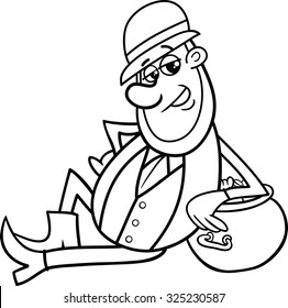 Black and White Cartoon Vector Illustration of Leprechaun and Pot of Gold on Saint Patrick Day for Coloring Book