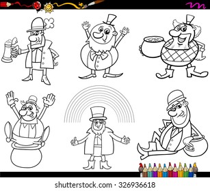 Black and White Cartoon Vector Illustration of Leprechaun and Saint Patrick Day Themes with Rainbow and Clovers and Pot of Gold for Coloring Book