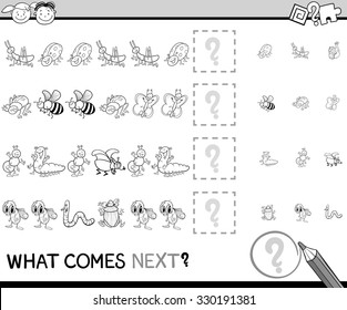 Black and White Cartoon Vector Illustration of Completing the Pattern Educational Task for Preschool Children with Insect Characters