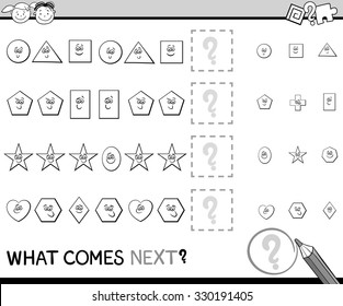 Black and White Cartoon Vector Illustration of Completing the Pattern Educational Task for Preschool Children with Geometric Shapes