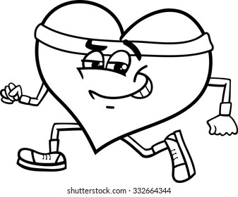 Black and White Cartoon Vector Illustration of Heart Character Doing Jogging on Valentine Day for Coloring Book