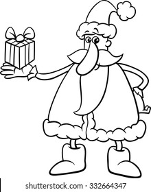 Black and White Cartoon Vector Illustration of Santa Claus with Christmas Gift for Coloring Book