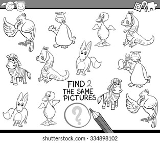 Black and White Cartoon Vector Illustration of Educational Task for Preschool Children with Animal Characters for Coloring Book