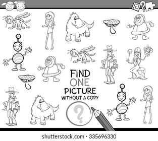 Black and White Cartoon Vector Illustration of Educational Game of Single Picture Finding for Preschool Children