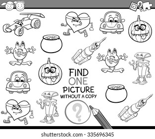 Black and White Cartoon Vector Illustration of Educational Game of Single Picture Finding for Preschool Children
