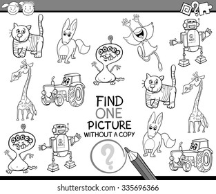 Black and White Cartoon Vector Illustration of Educational Game of Single Picture Finding for Preschool Children